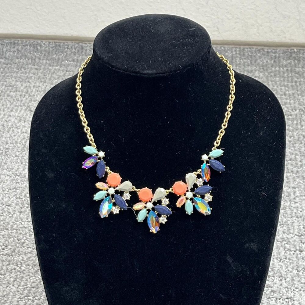 J Crew Necklace Multicolor Crystal Flower Bib Statement Womens Jewelry Signed - Picture 2 of 8